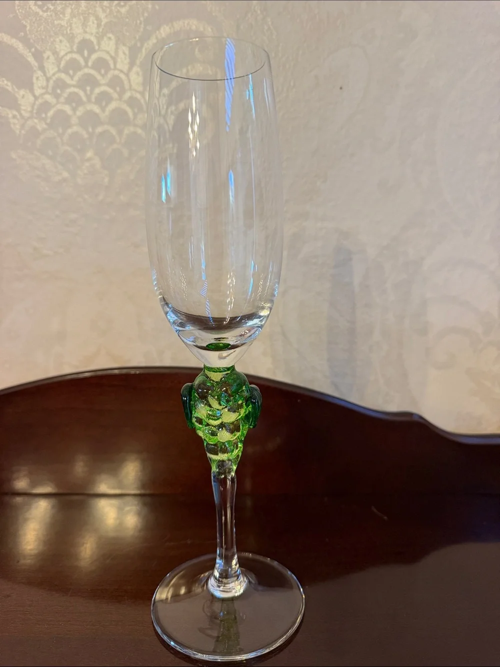 Artisan Green Stem Crystal Champagne Flute - Handcrafted Home Art